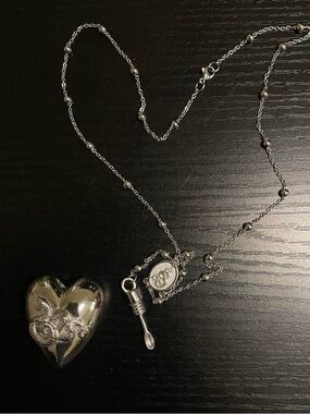 Sterling-Style Silver Heart Locket Necklace with Spoon Charm - Silver